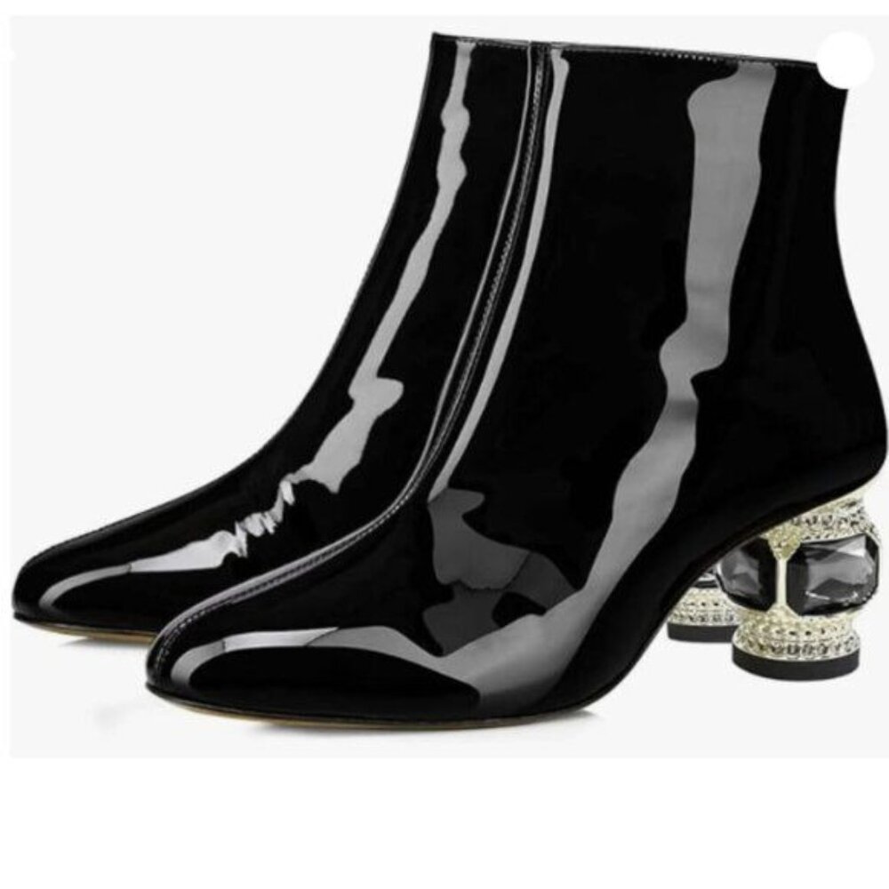 FSJ Women Round Toe Crystal Chunky Block Low Heel Ankle Boots Fashion Black Boot